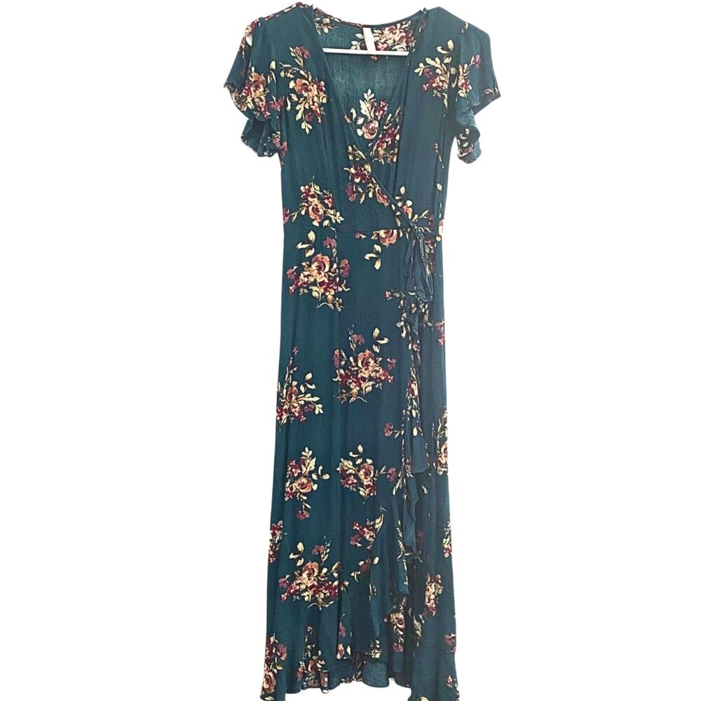 Xhilaration | Teal Floral Maxi Dress Flutter Sleeves Faux Wrap